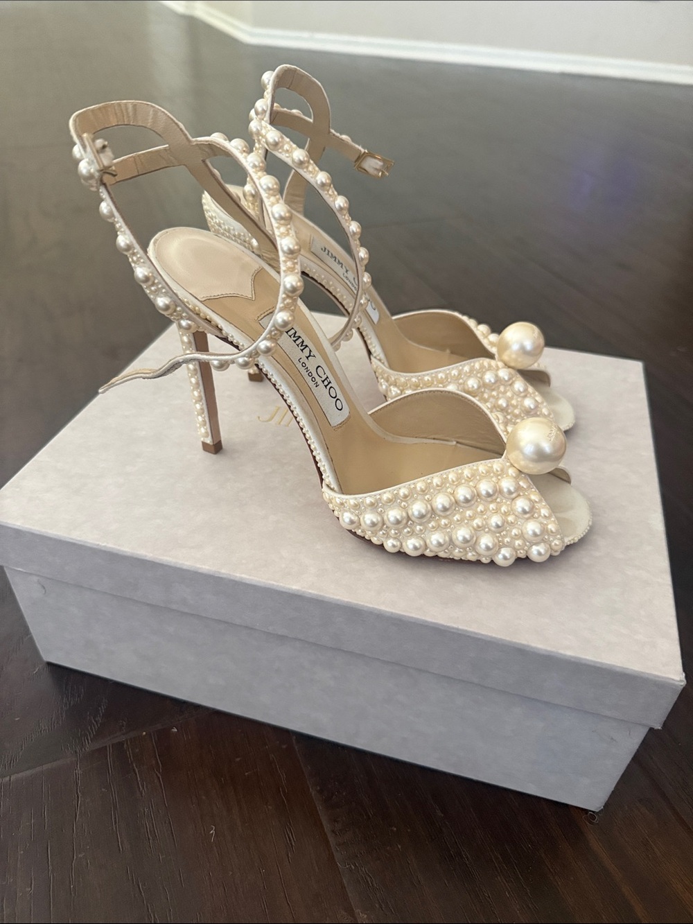 Jimmy Choo Pearl-Embellished Cream Open-Toe Ankle Strap Heels - Picture 2 of 5